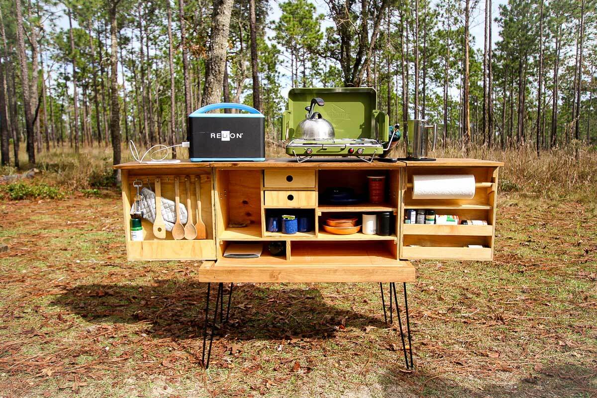 Camping food and cooking setup with portable power station