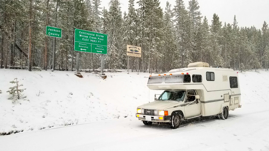 Class C RV Parked On A Winter Road Class C RV Parked On A Winter Road